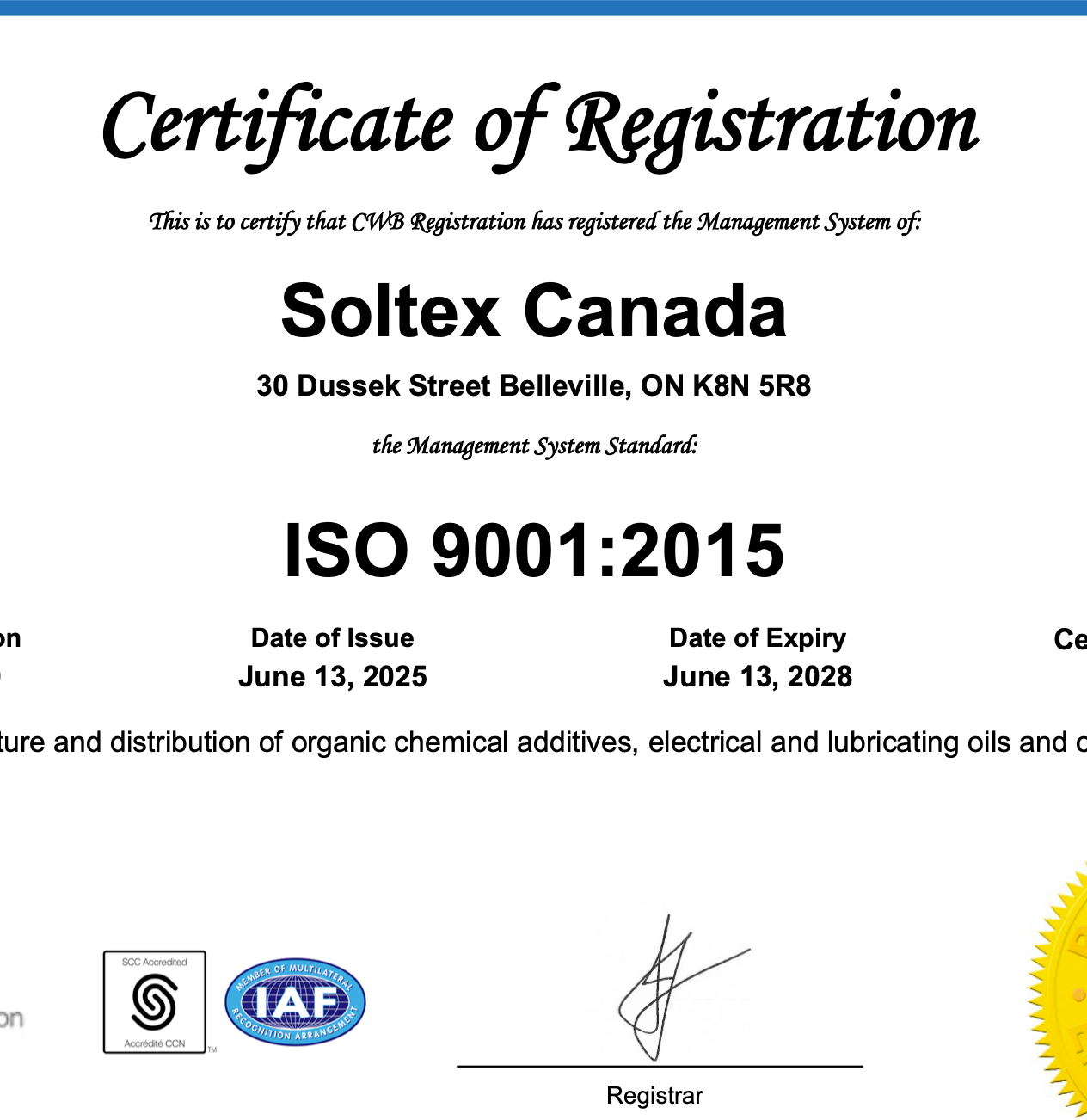 Soltex Canadian ISO certificate